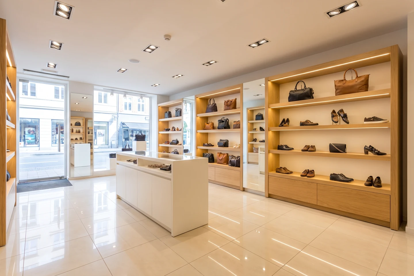 Winkelinterieur met houten wandkasten vol schoenen en tassen en een glanzende tegelvloer