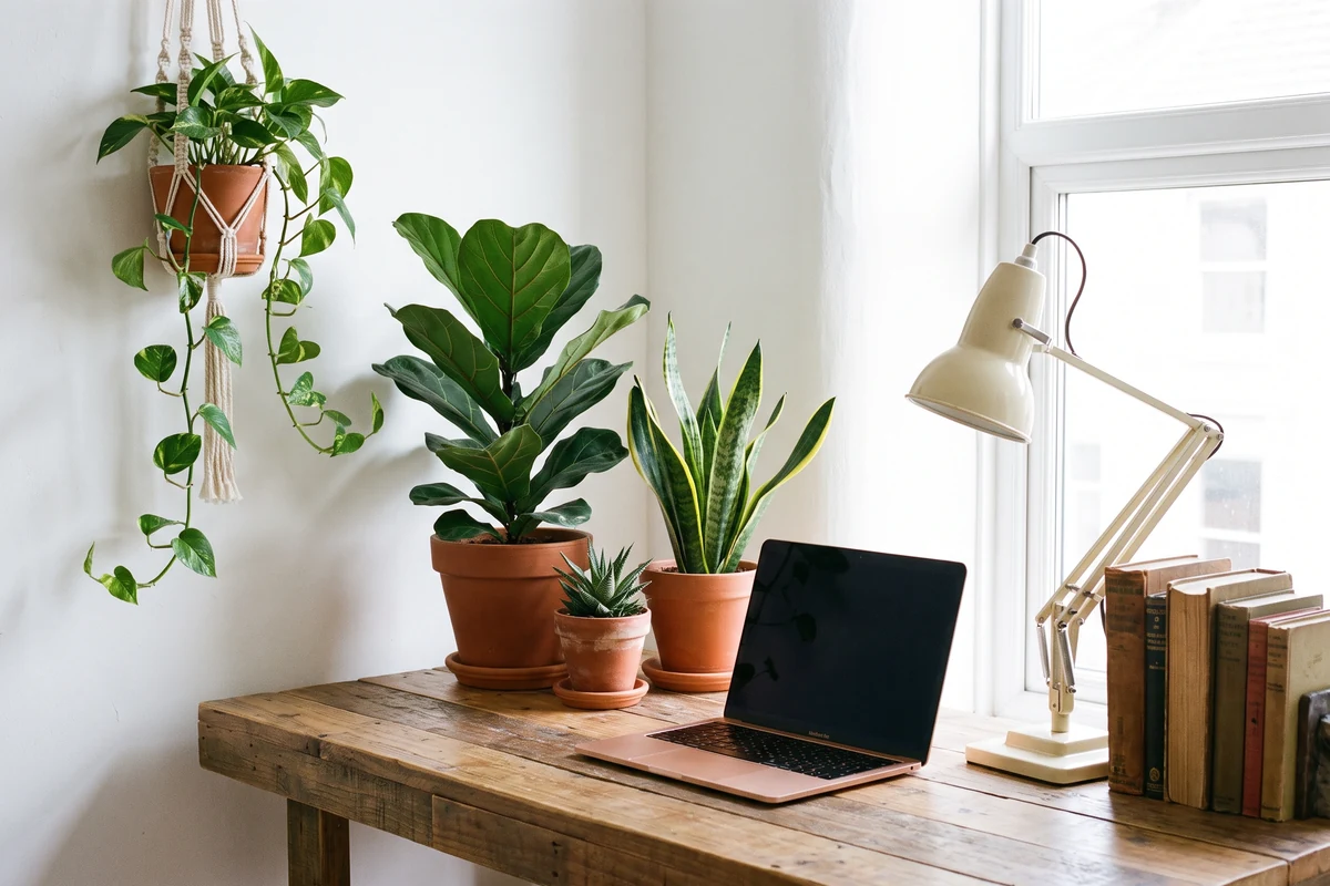 Houten bureau bij het raam met planten, een laptop en een bureaulamp