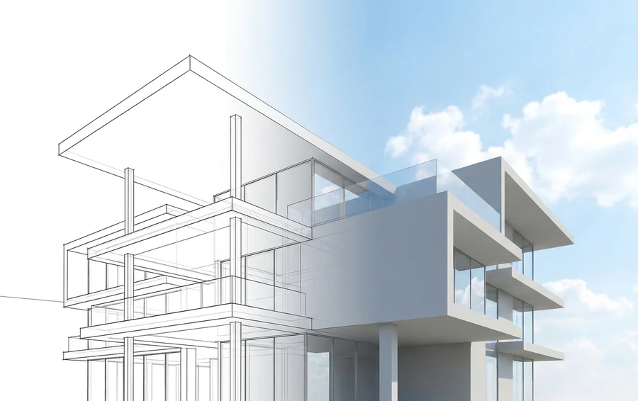 Constructietekening die overgaat in een 3D-model van een modern gebouw met balkons
