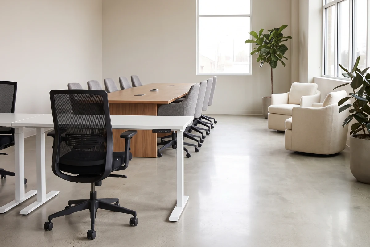 Ergonomische bureaustoel aan een zit-sta-bureau, met een vergadertafel en loungestoelen erachter