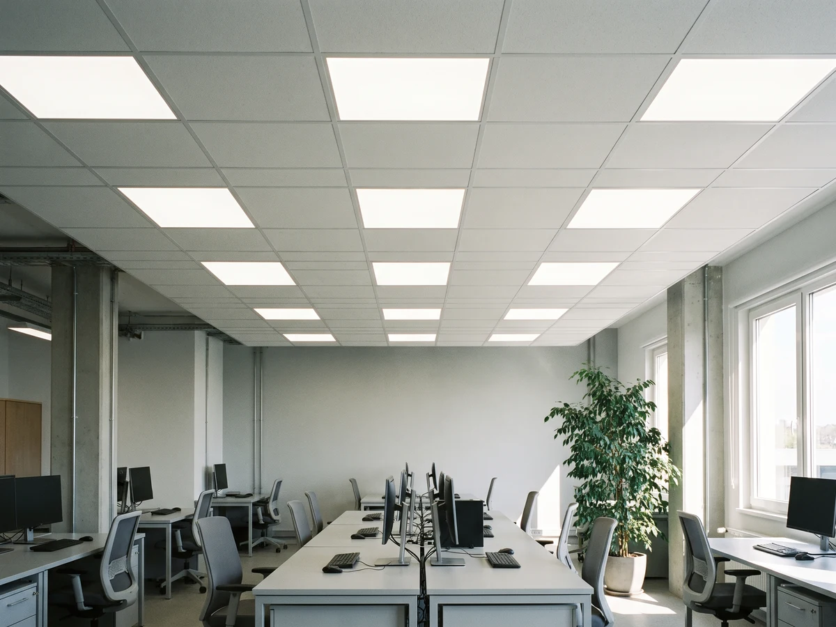 Kantoortuin met vierkante led-panelen in het systeemplafond