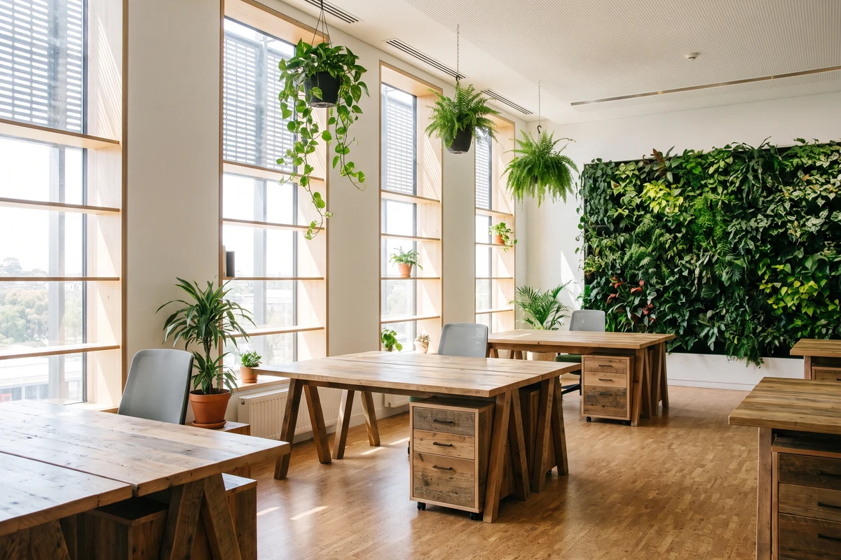 Duurzaam kantoor met veel daglicht, houten meubels en een groene plantenwand