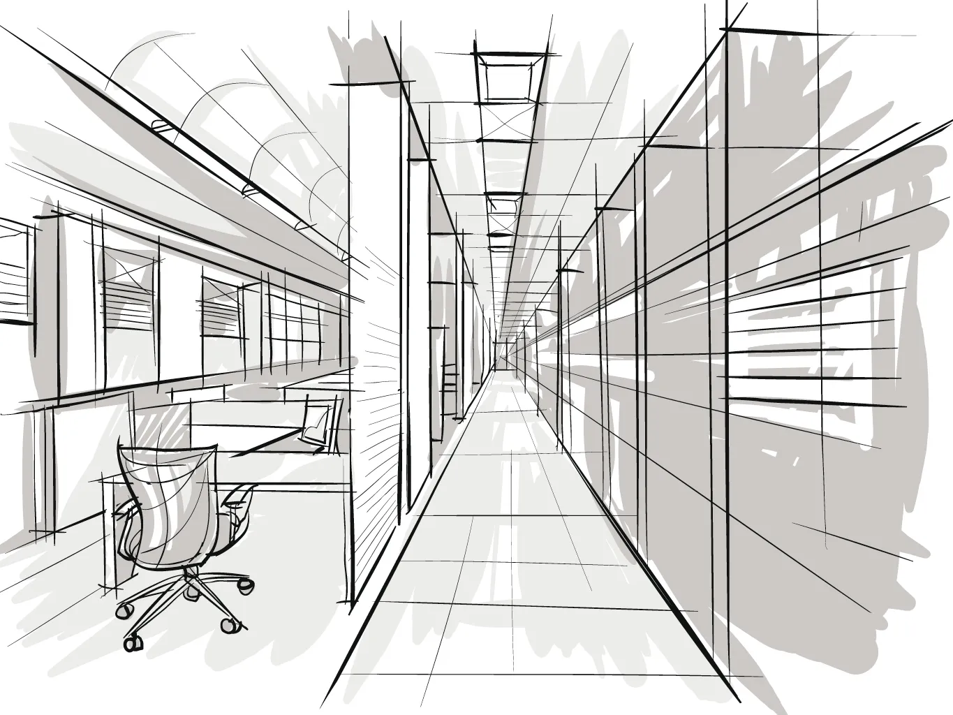 Schets interieurontwerp door architect kantoorinrichting