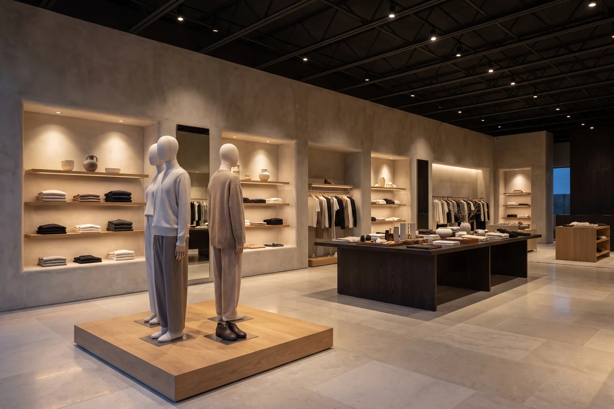 Modern winkelinterieur met sfeerverlichting, etalagepoppen en doordachte productpresentatie