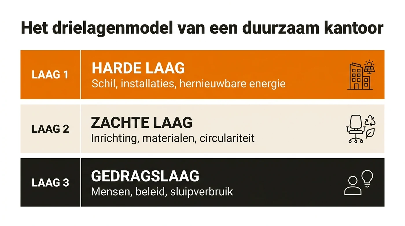 Het drielagenmodel van een duurzaam kantoor: harde laag (schil en installaties), zachte laag (inrichting en materialen) en gedragslaag (mensen en beleid).