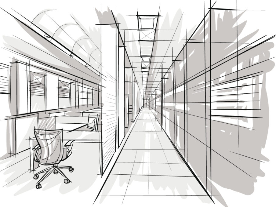 Schets interieurontwerp door architect kantoorinrichting